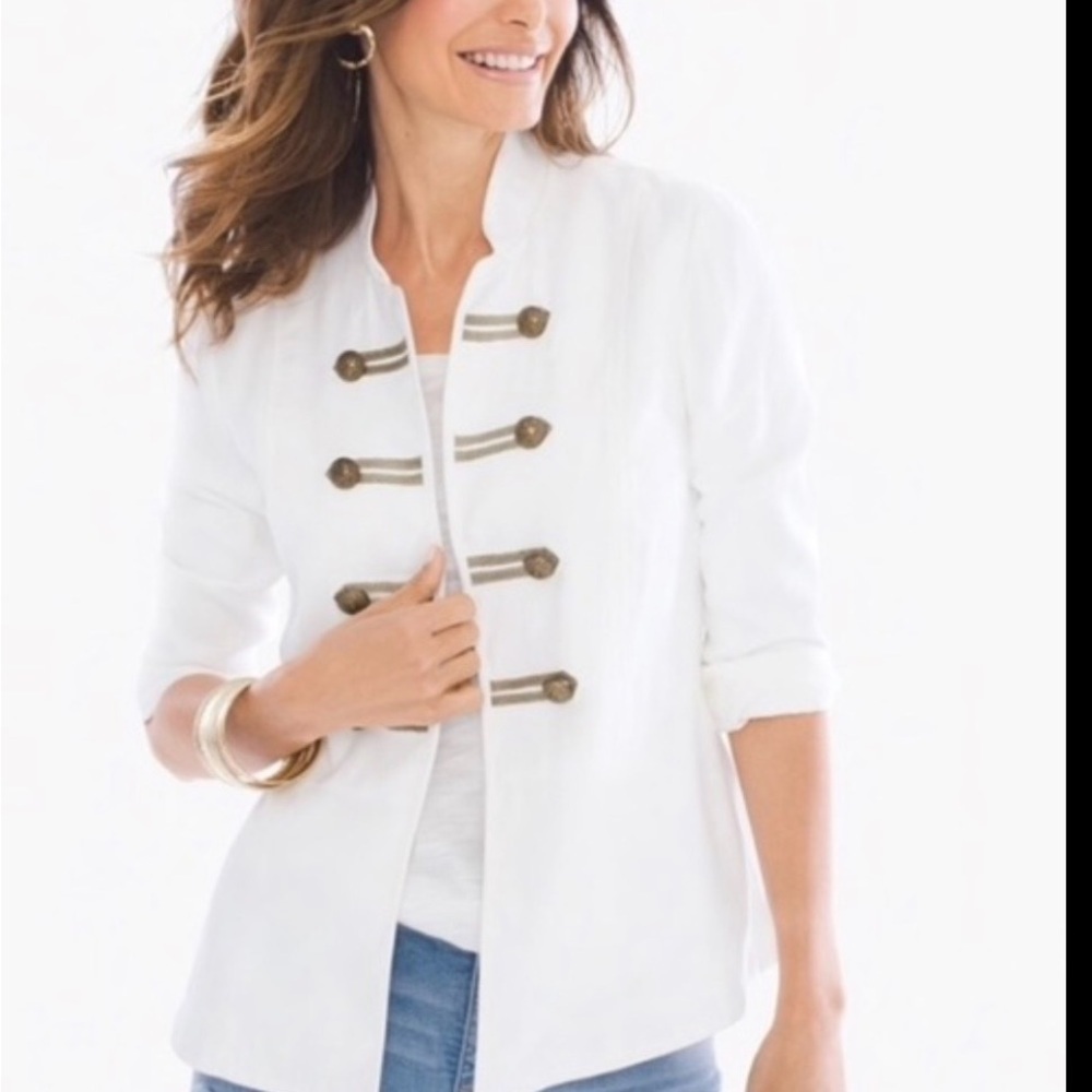 Chico's White Peplum Military Jacket with Gold Accents Chico’s size 1 Petite/8